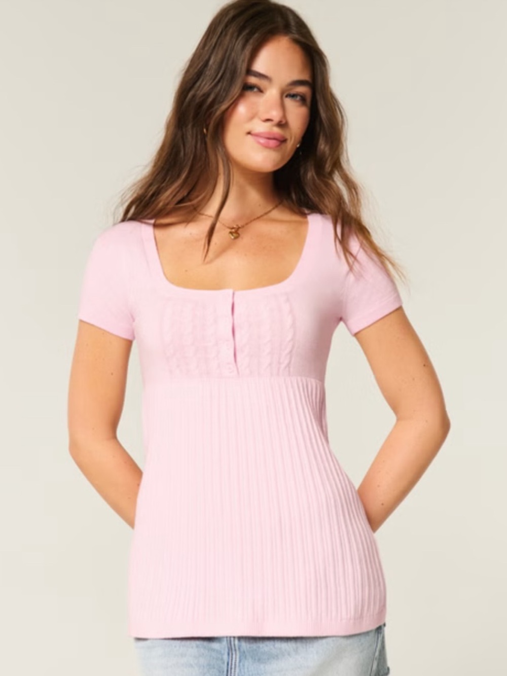 Hollister Pink Knit Tunic Blouse Short Sleeve Button Cable Knit Scoop Neck S
